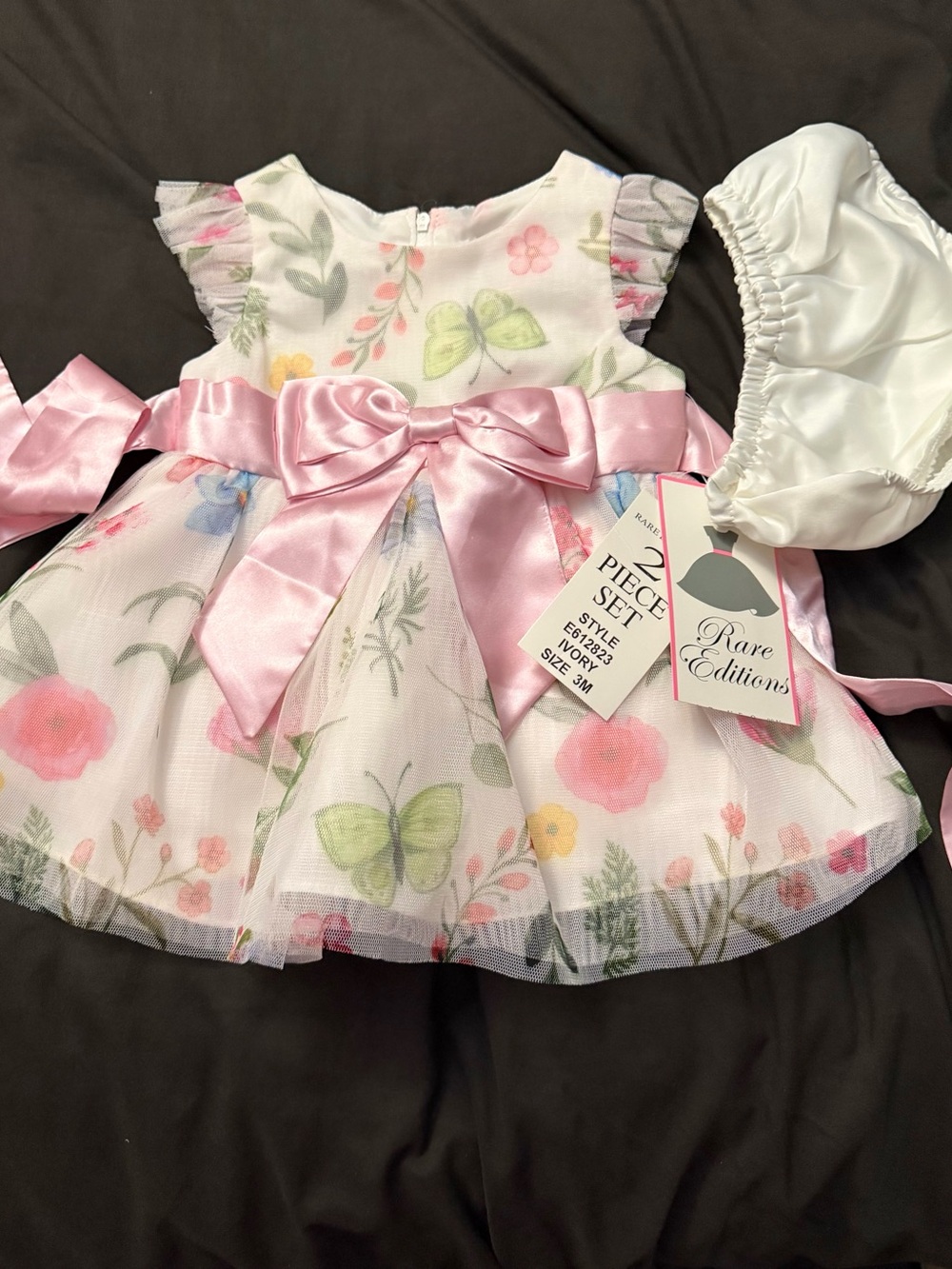 Rare Editions Pink Floral Tulle Dress with Satin Bow and Bloomers